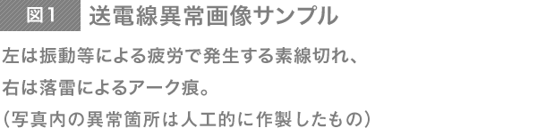 送電線異常画像サンプル　左は振動等による疲労で発生する素線切れ、右は落雷によるアーク痕。（以下の写真は人工的に作製したものです）