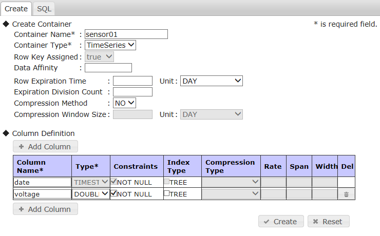 Container creation screen (time series container)